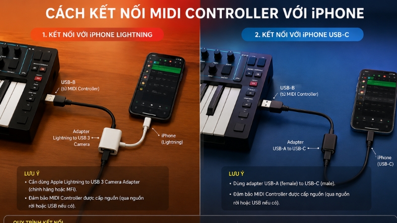 Cách kết nối MIDI controller với iPhone Lightning và USB-C