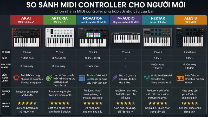 Bảng so sánh MIDI controller cho người mới