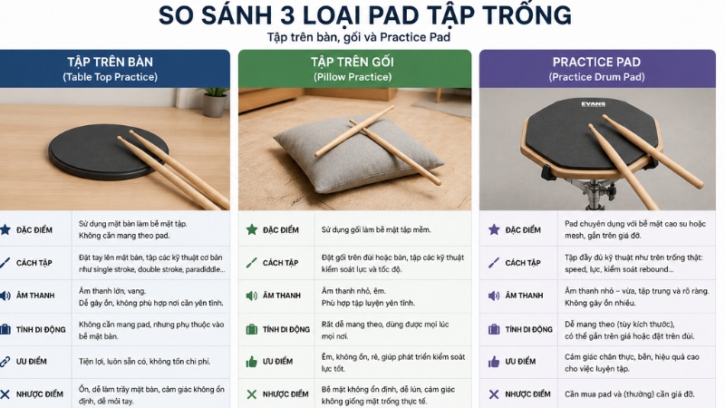 Pad tập trống là gì? 5 tiêu chí chọn mua theo nhu cầu, độ nảy và ngân sách 1 So sánh tập trên bàn, gối và practice pad