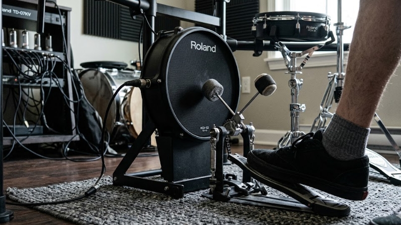 Cận cảnh kick pad KD-10 với pedal lắp thực tế trong setup tập tại nhà
