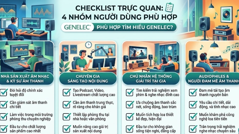 Loa kiểm âm Genelec của nước nào? Nguồn gốc và lịch sử hình thành 4 Checklist trực quan 4 nhóm người dùng phù hợp tìm hiểu Genelec