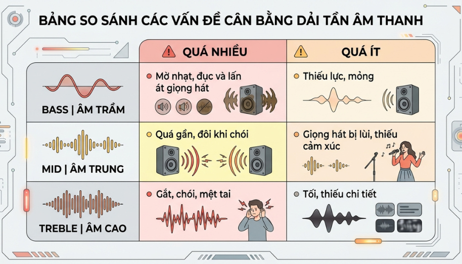 Dải âm Bass Mid Treble là gì? Cách hiểu nhanh 3 dải tần số cơ bản trong âm thanh 3 Các vấn đề liên quan đến cân bằng dải tần âm thanh