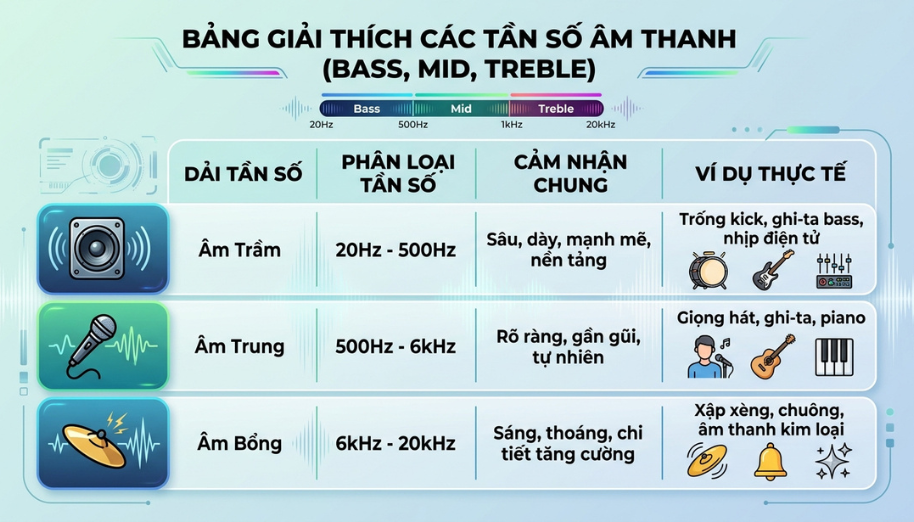Dải âm Bass Mid Treble là gì? Cách hiểu nhanh 3 dải tần số cơ bản trong âm thanh 2 Bảng tóm tắt khoảng tần số của Bass, Mid, Treble và ví dụ nhận biết qua từng nhạc cụ