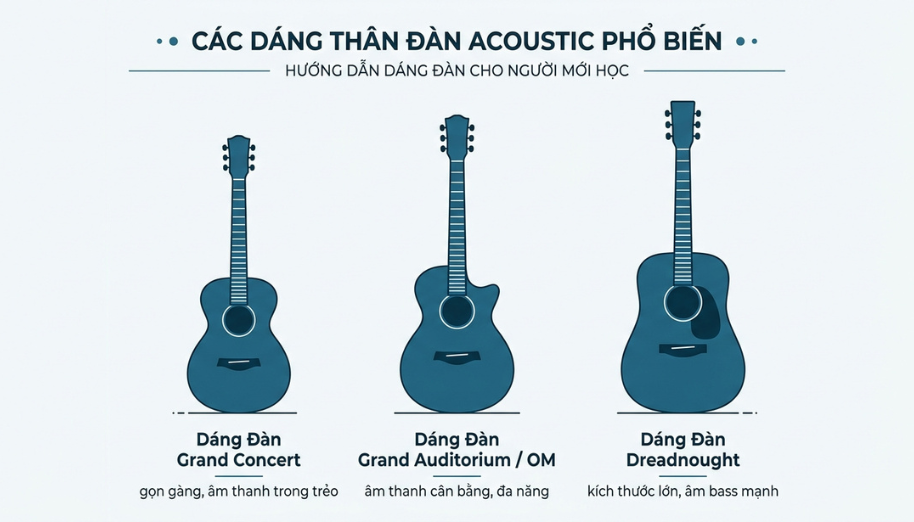 Đàn Guitar Dáng Grand Concert: Đặc Điểm, Chất Âm và Cách Chọn 5 Trực quan hóa tỷ lệ các dáng đàn acoustic phổ biến nhất hiện nay để người mới dễ dàng đối chiếu.