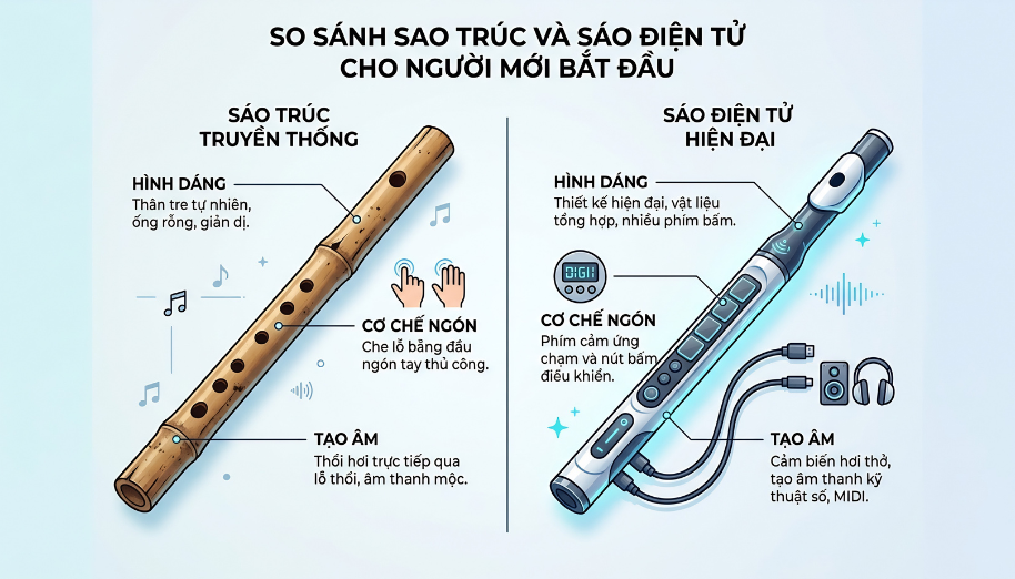 So sánh sáo điện tử và sáo trúc: Loại nào phù hợp người mới? 1 Sự khác biệt cơ bản về ngoại hình và cơ chế tạo âm giữa sáo điện tử và sáo trúc