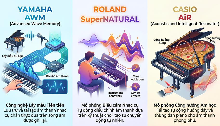 Công nghệ AWM Stereo Sampling là gì? Cách Yamaha tái tạo âm thanh trên piano điện và organ 5 So sánh công nghệ âm thanh: Yamaha AWM, Roland SuperNATURAL và Casio AiR