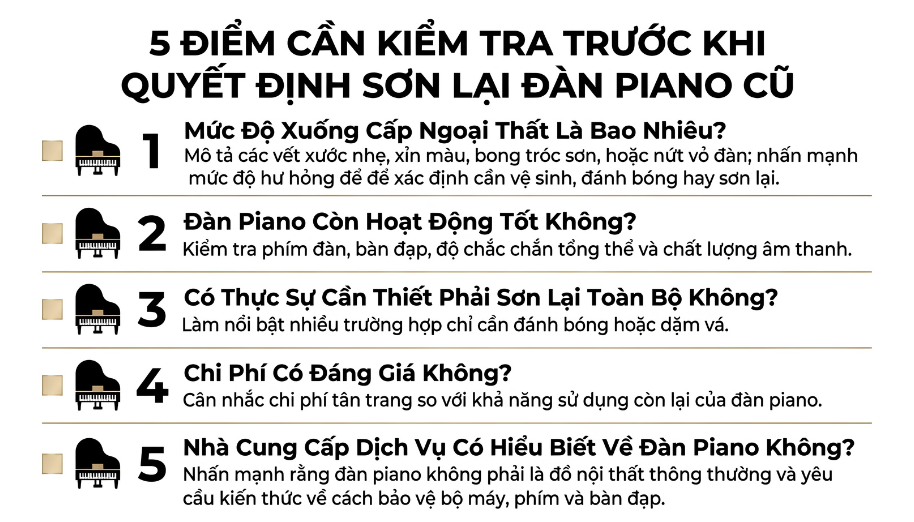 Có Nên Sơn Đàn Piano Cũ Không? Bí Quyết Phục Hồi Vỏ Đàn 4 Checklist tự đánh giá trước khi quyết định chi tiền tân trang vỏ ngoài piano