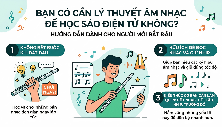 Học sáo điện tử có cần nhạc lý không? giải đáp cho người mới 1 Người mới không bắt buộc phải biết nhạc lý trước khi bắt đầu học sáo điện tử