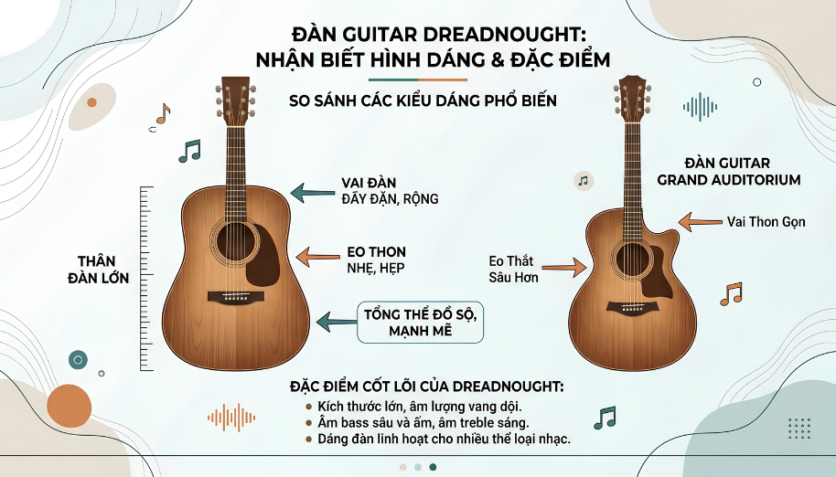 Đàn guitar dáng Dreadnought là gì? Đặc điểm và cách chọn mua 1 Cách nhận biết nhanh guitar dáng Dreadnought qua đặc điểm thân lớn, vai đầy và eo ít thắt