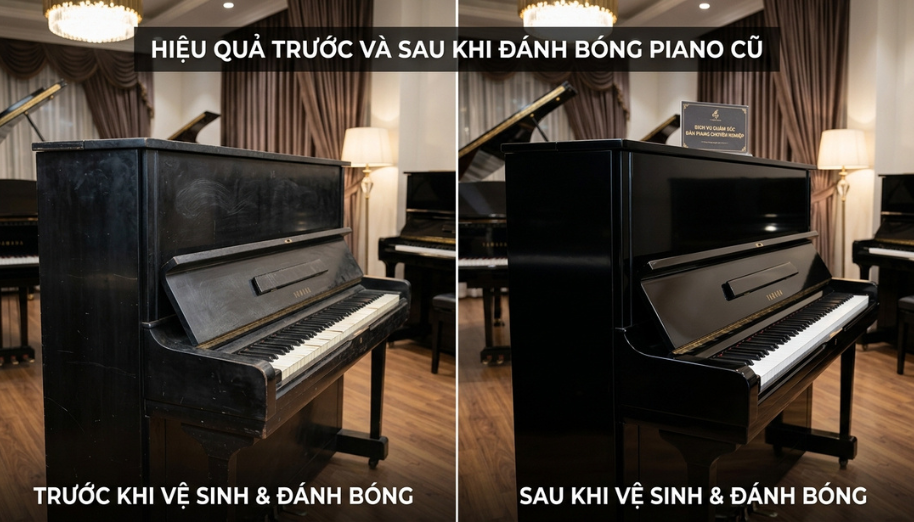 Có Nên Sơn Đàn Piano Cũ Không? Bí Quyết Phục Hồi Vỏ Đàn 5 Sự khác biệt rõ rệt của bề mặt đàn piano cũ trước và sau khi đánh bóng chuyên nghiệp