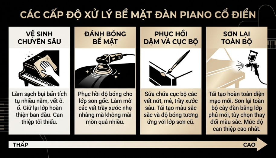 Có Nên Sơn Đàn Piano Cũ Không? Bí Quyết Phục Hồi Vỏ Đàn 2 Phân biệt 4 mức độ can thiệp bề mặt piano từ nhẹ đến nặng