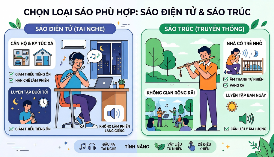 So sánh sáo điện tử và sáo trúc: Loại nào phù hợp người mới? 4 Chọn sáo theo không gian sống: Sáo điện tử là giải pháp tối ưu để luyện tập yên tĩnh