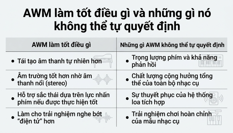 Công nghệ AWM Stereo Sampling là gì? Cách Yamaha tái tạo âm thanh trên piano điện và organ 4 Đánh giá khách quan những điểm mạnh và giới hạn phần cứng cần lưu ý khi xem thông số AWM