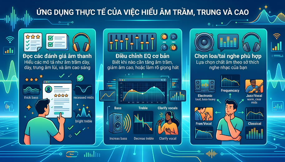 Dải âm Bass Mid Treble là gì? Cách hiểu nhanh 3 dải tần số cơ bản trong âm thanh 6 3 ứng dụng thực tế giúp bạn đọc review, chọn thiết bị và tự chỉnh EQ dễ dàng hơn