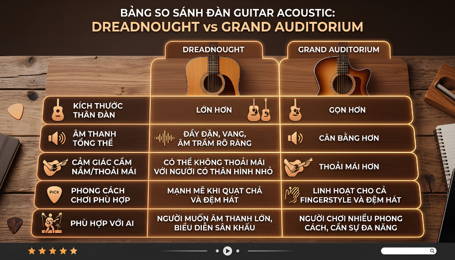 Đàn guitar dáng Dreadnought là gì? Đặc điểm và cách chọn mua 5 So sánh 5 khác biệt cốt lõi giữa guitar dáng Dreadnought và dáng Grand Auditorium
