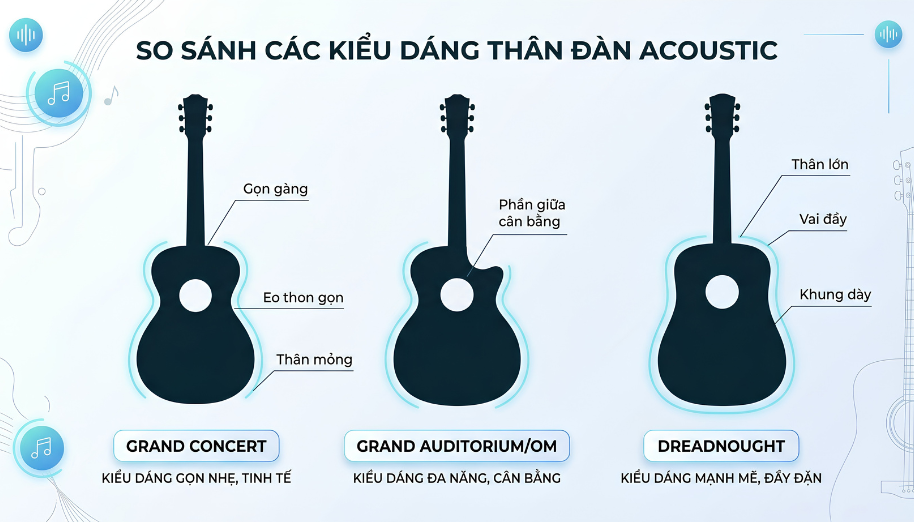 Đàn Guitar Dáng Grand Concert: Đặc Điểm, Chất Âm và Cách Chọn 1 So sánh kích thước tổng thể giúp dễ dàng nhận diện sự thon gọn của dáng Grand Concert so với Dreadnought