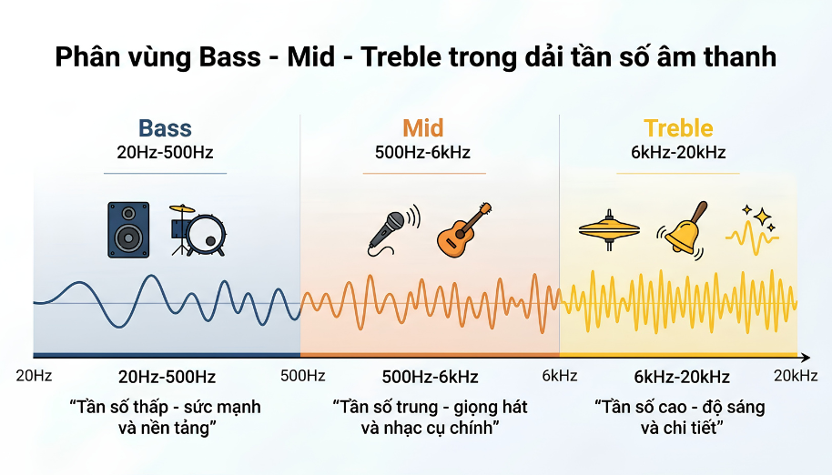 Dải âm Bass Mid Treble là gì? Cách hiểu nhanh 3 dải tần số cơ bản trong âm thanh 1 Trực quan hóa dải âm bass, mid, treble trên phổ tần số âm thanh cơ bản