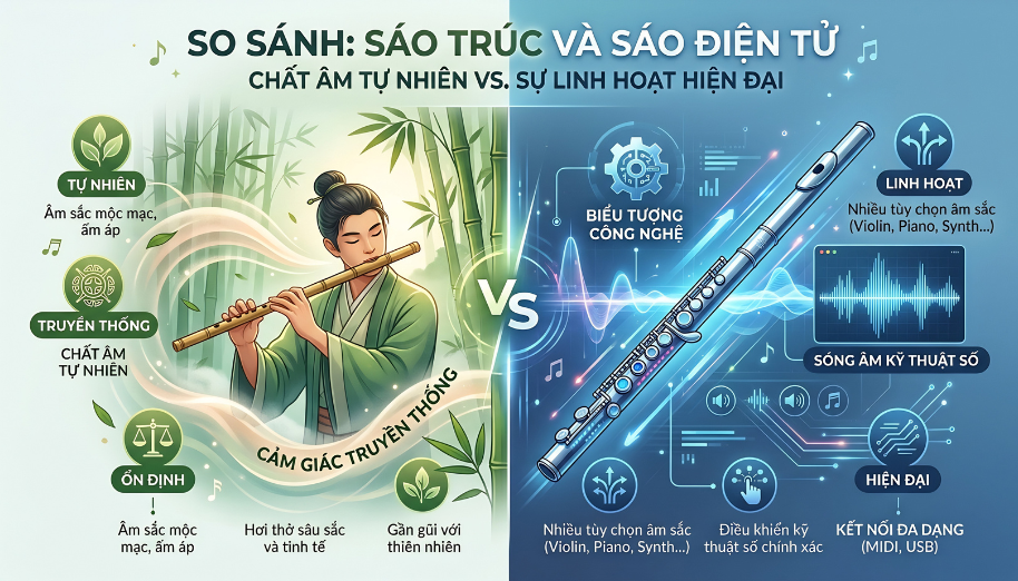 So sánh sáo điện tử và sáo trúc: Loại nào phù hợp người mới? 3 So sánh sao điện tử điện tử và sáo trúc về chất âm và cảm giác chơi