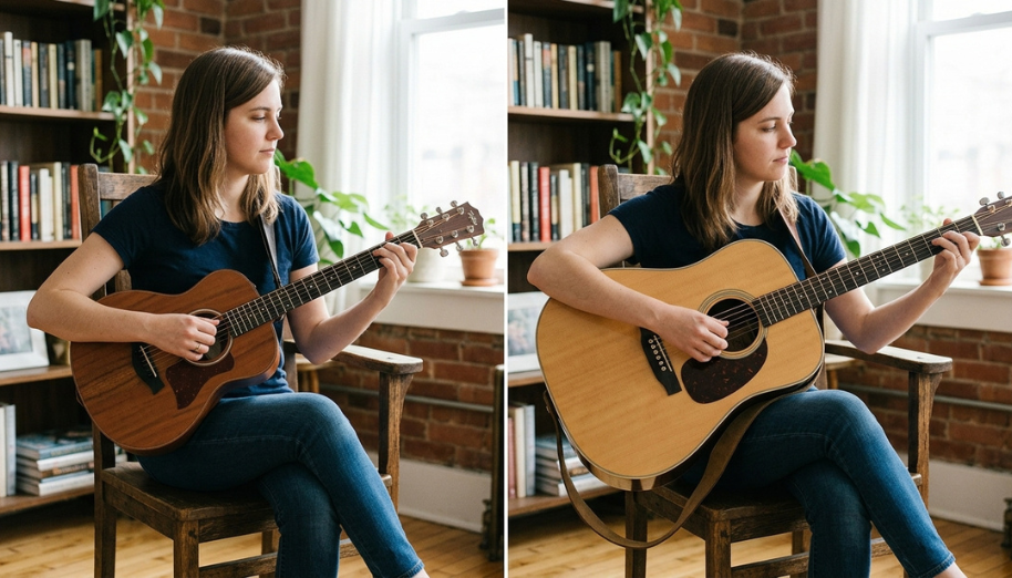 5 Cách chọn đàn guitar travel size nhỏ gọn chất lượng nhất 2 Chênh lệch về kích thước thùng đàn và tư thế ôm giữa dáng travel size và dáng full-size