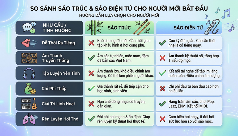 So sánh sáo điện tử và sáo trúc: Loại nào phù hợp người mới? 5 Bảng so sánh nhanh giúp bạn tìm ra loại sáo phù hợp nhất với nhu cầu thực tế