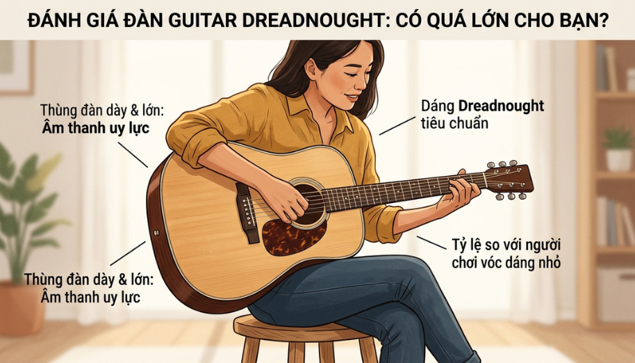 Đàn guitar dáng Dreadnought là gì? Đặc điểm và cách chọn mua 3 Thùng đàn lớn mang lại nền âm dày dặn nhưng đòi hỏi người chơi cần có tư thế ôm thực sự thoải mái